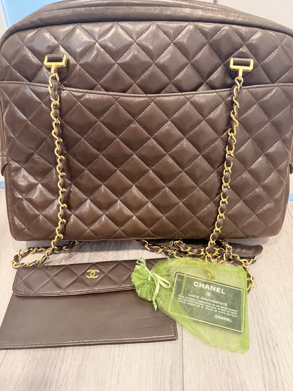 CHANEL Brown Quilted Leather Shoulder Bag with COA and Black Card